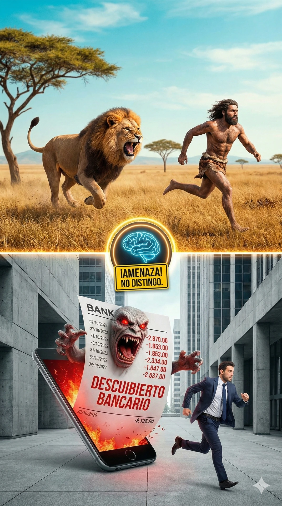 Infografía conceptual que compara el estrés primitivo (cavernícola huyendo de un león) con el estrés financiero moderno (empresario huyendo de un descubierto bancario), ilustrando cómo el cerebro percibe ambas amenazas por igual.