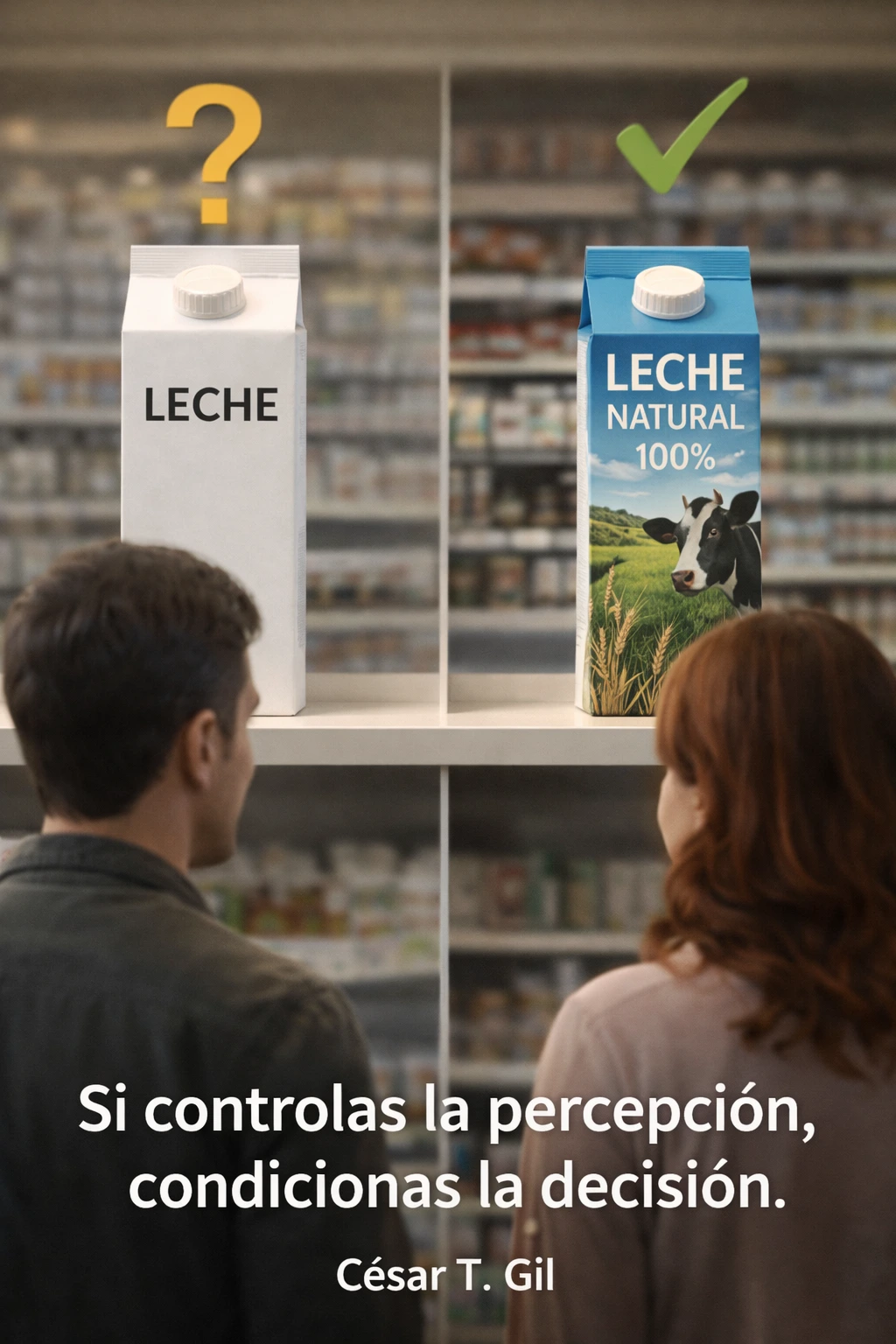 Percepción y decisión. Dos ersonas mirando un brick de leche uno con marca y otro sin marca
