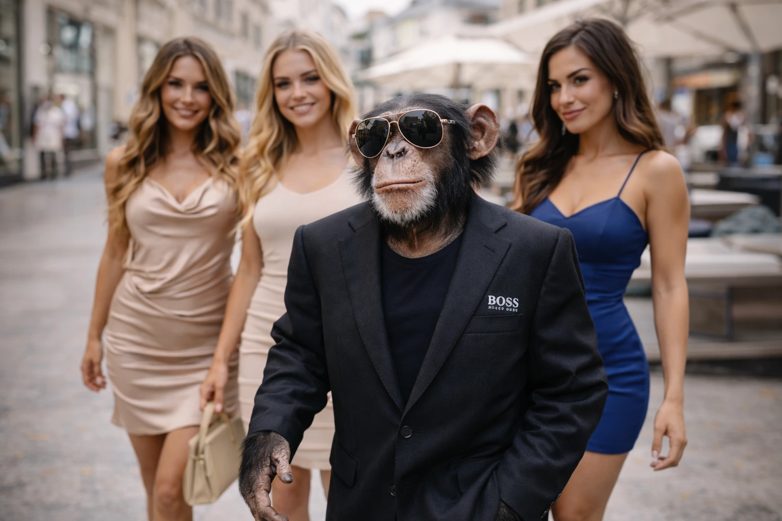 Un mono rodeado de chicas guapas. El Mono es un mono chulo que va con un traje de Hugo Boss