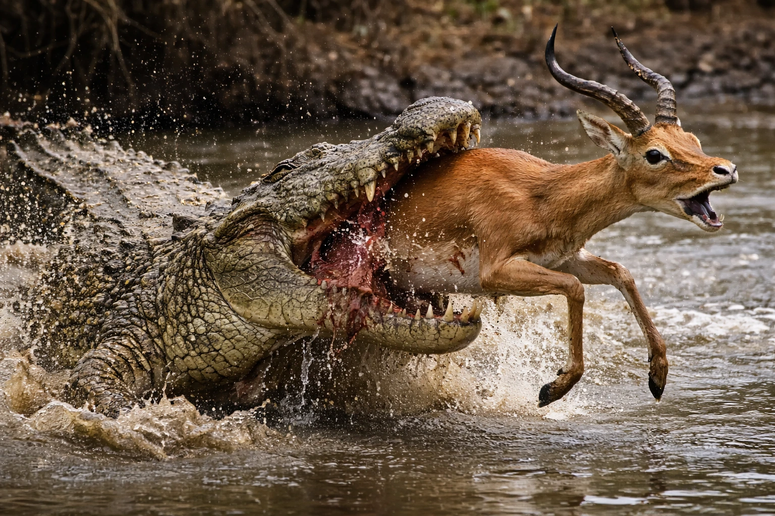 Cocodrilo emergiendo del agua y atrapando a un antílope en plena huida dentro de un río, con salpicaduras alrededor y escena de caza salvaje en primer plano.